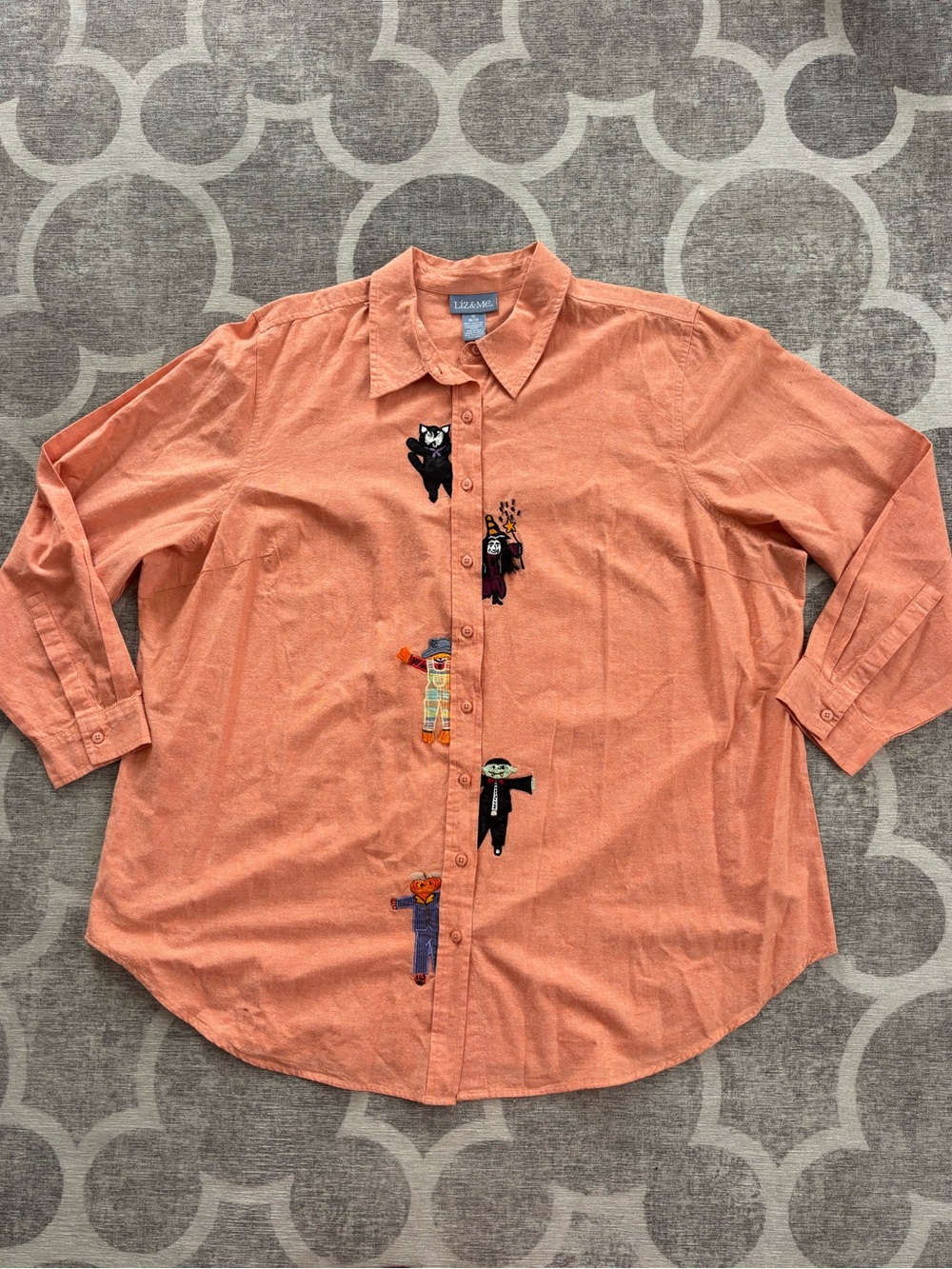 Liz Claiborne Coral Orange Button-Down Shirt with Embroidered Characters
